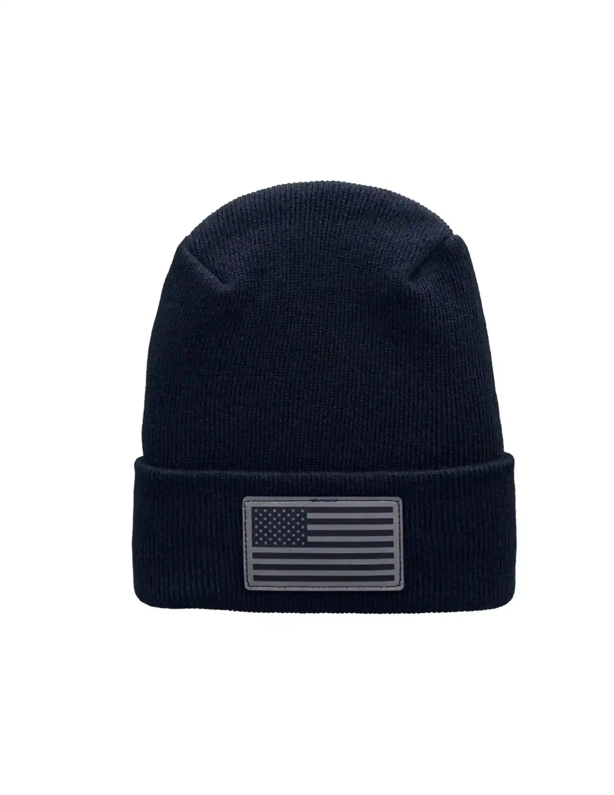 Navy H-stitch beanie with rectangular American flag patch