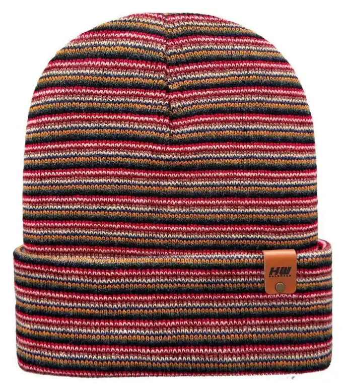 Multi-color striped knit beanie with folded cuff and small brand patch at cuff
