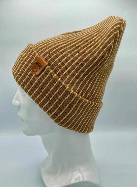 HAAKWEAR Cuffed Wide Ribbed Striped Beanie / Hat, Brown / Beige, Limited Edition - Made in USA - HAAKWEAR USA Beanie Cuffed Wide Ribbed Striped Beanie, Contrast, Beige and Brown, Classic Beanie Haakwear