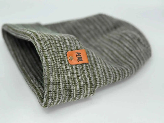 H-Stitch Contrast Cuffed Beanie – Gray/Green | Made in USA | Trending Designer Winter Hat 2025 - HAAKWEAR USA Beanie Patented H Stitch Contrast Cuffed Beanie, Gray and Green Haakwear