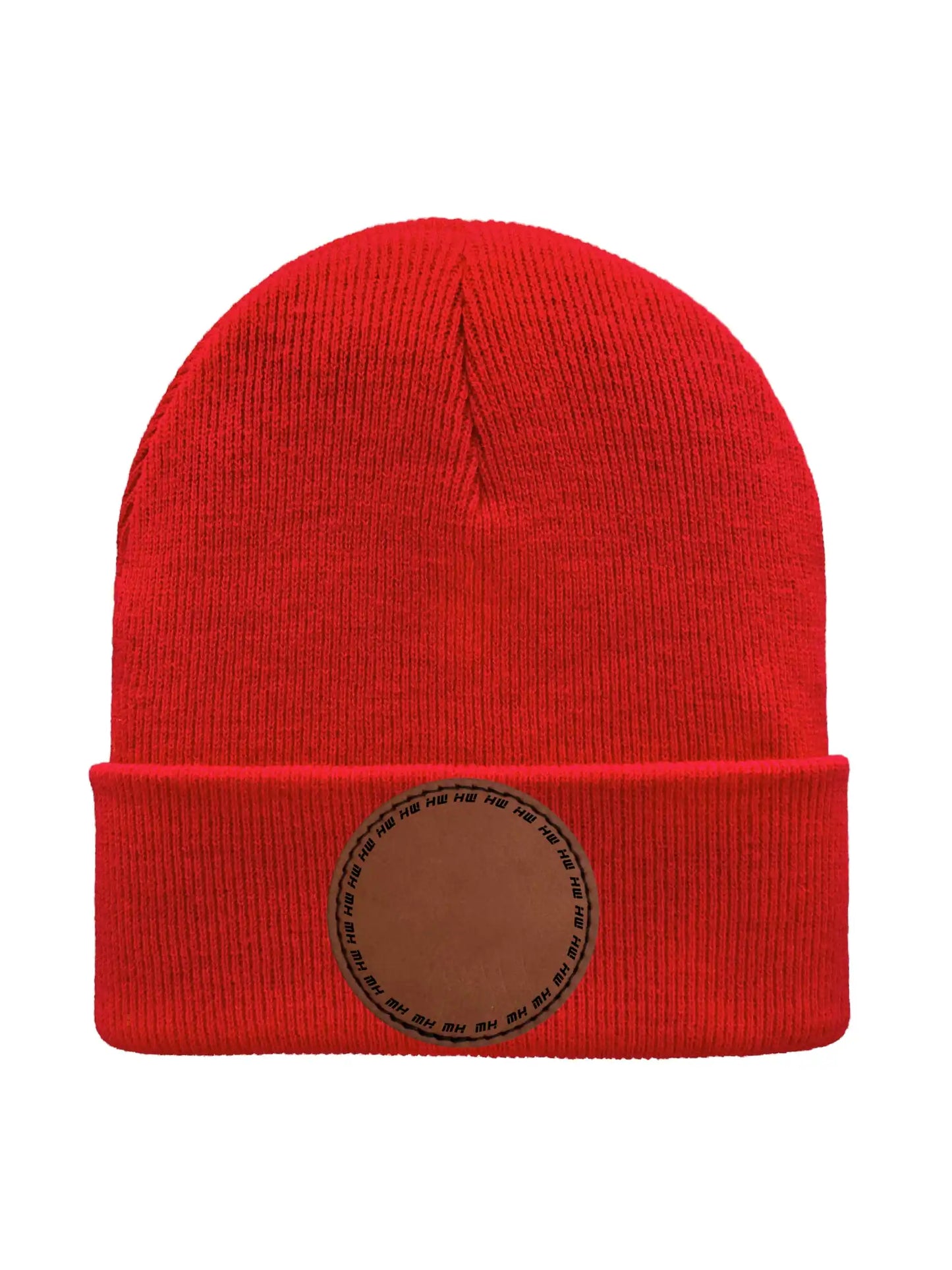 Red beanie with a brown leather patch on a white background Beanie Custom Traditional Beanie - Made in USA Haakwear