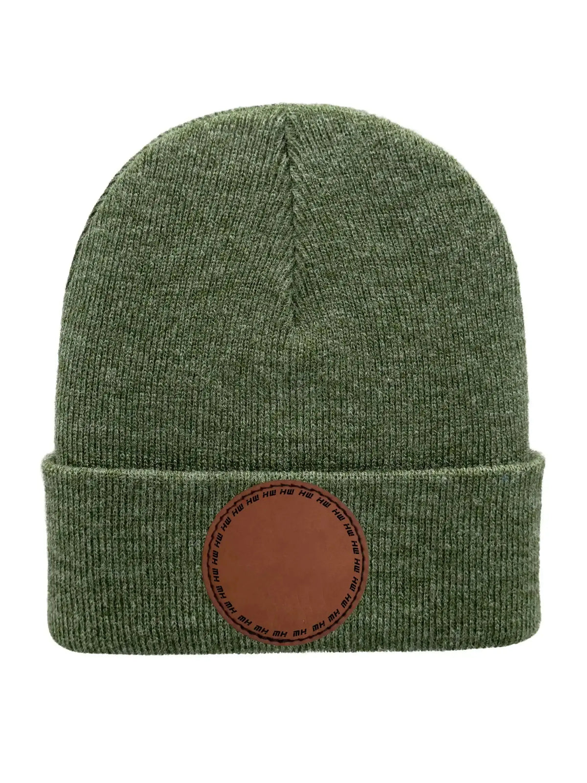 Forest green knit beanie with folded cuff and round logo patch at the front.