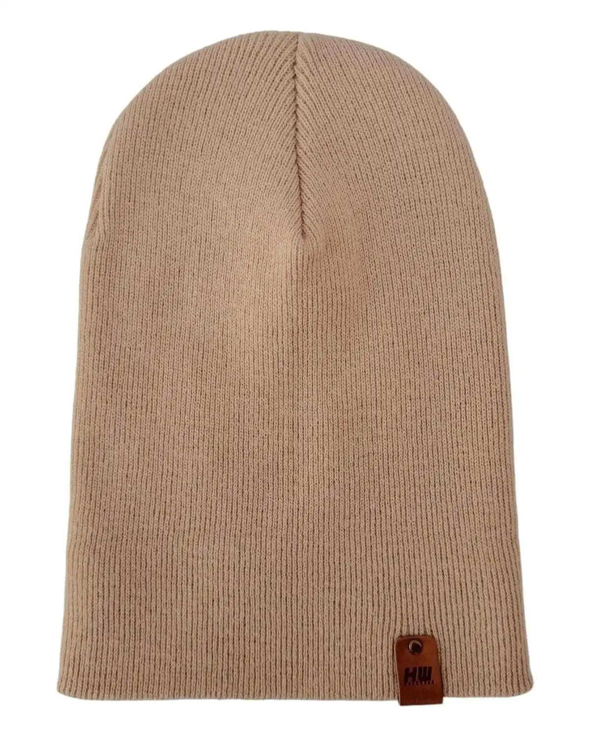 Dune beige knit beanie with vertical seam and small brand label at hem