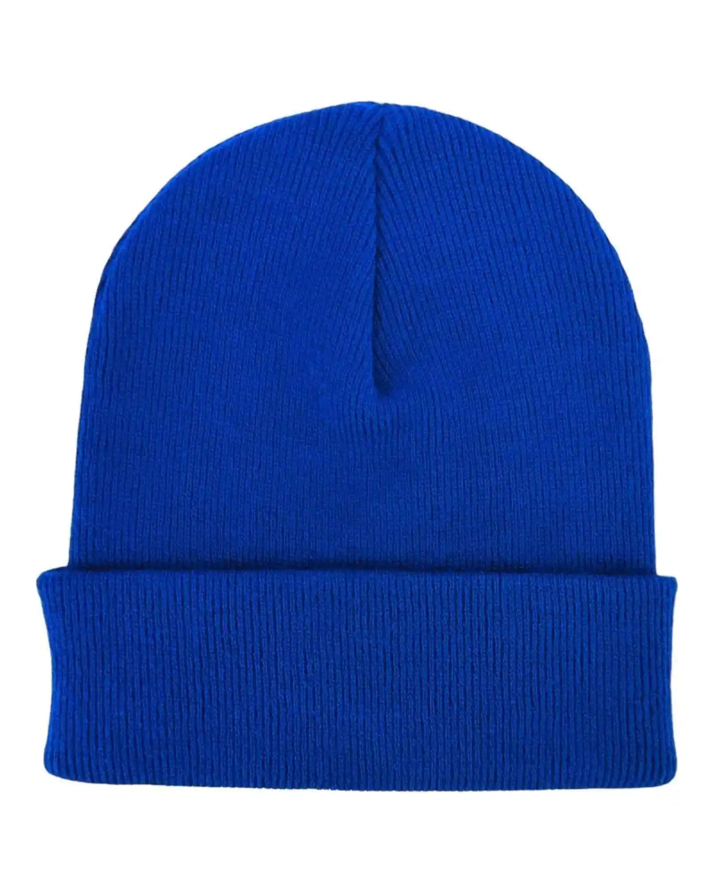 Sapphire blue knit beanie with folded cuff and center top seam