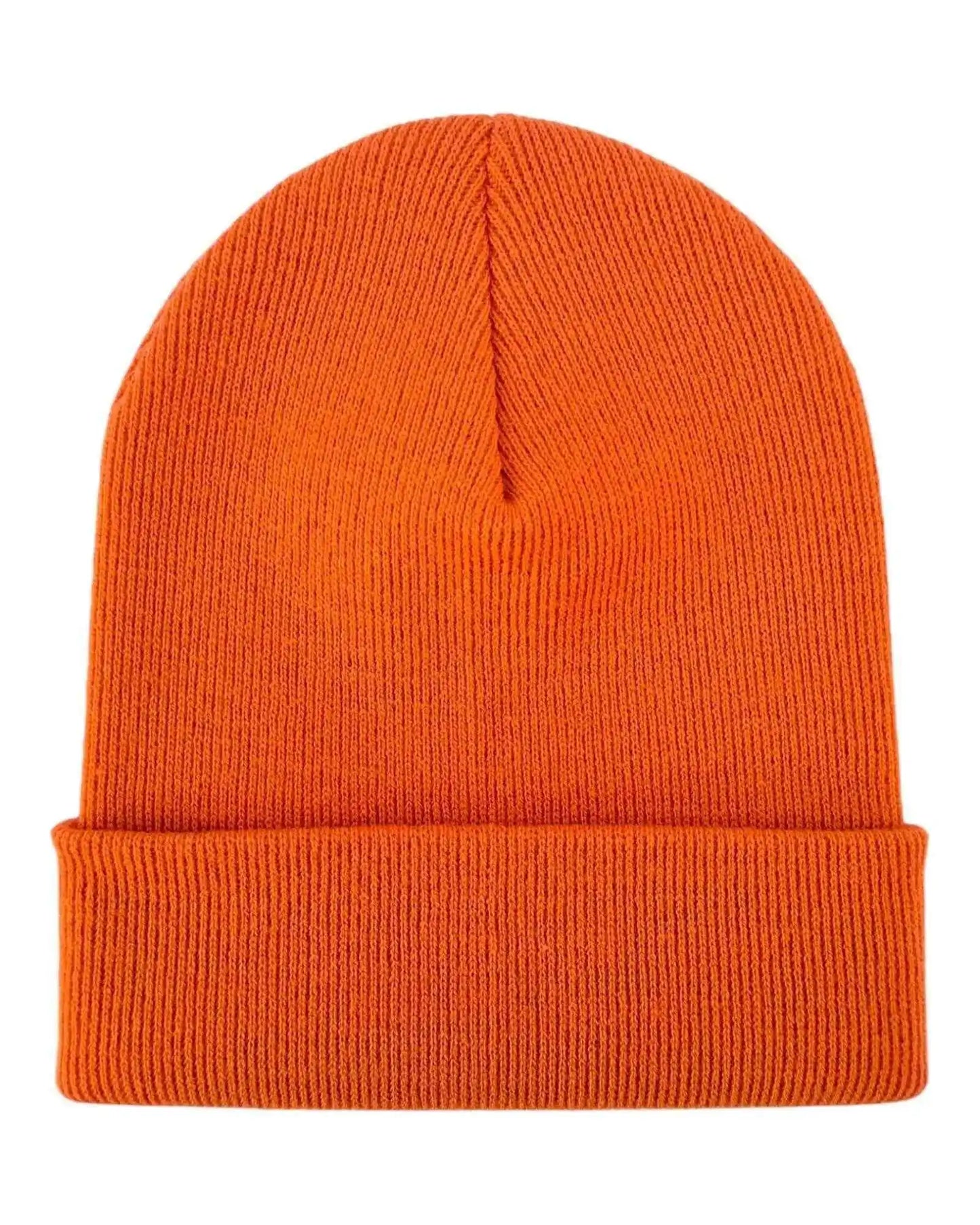 Orange knit cuffed beanie with rolled brim and vertical seam