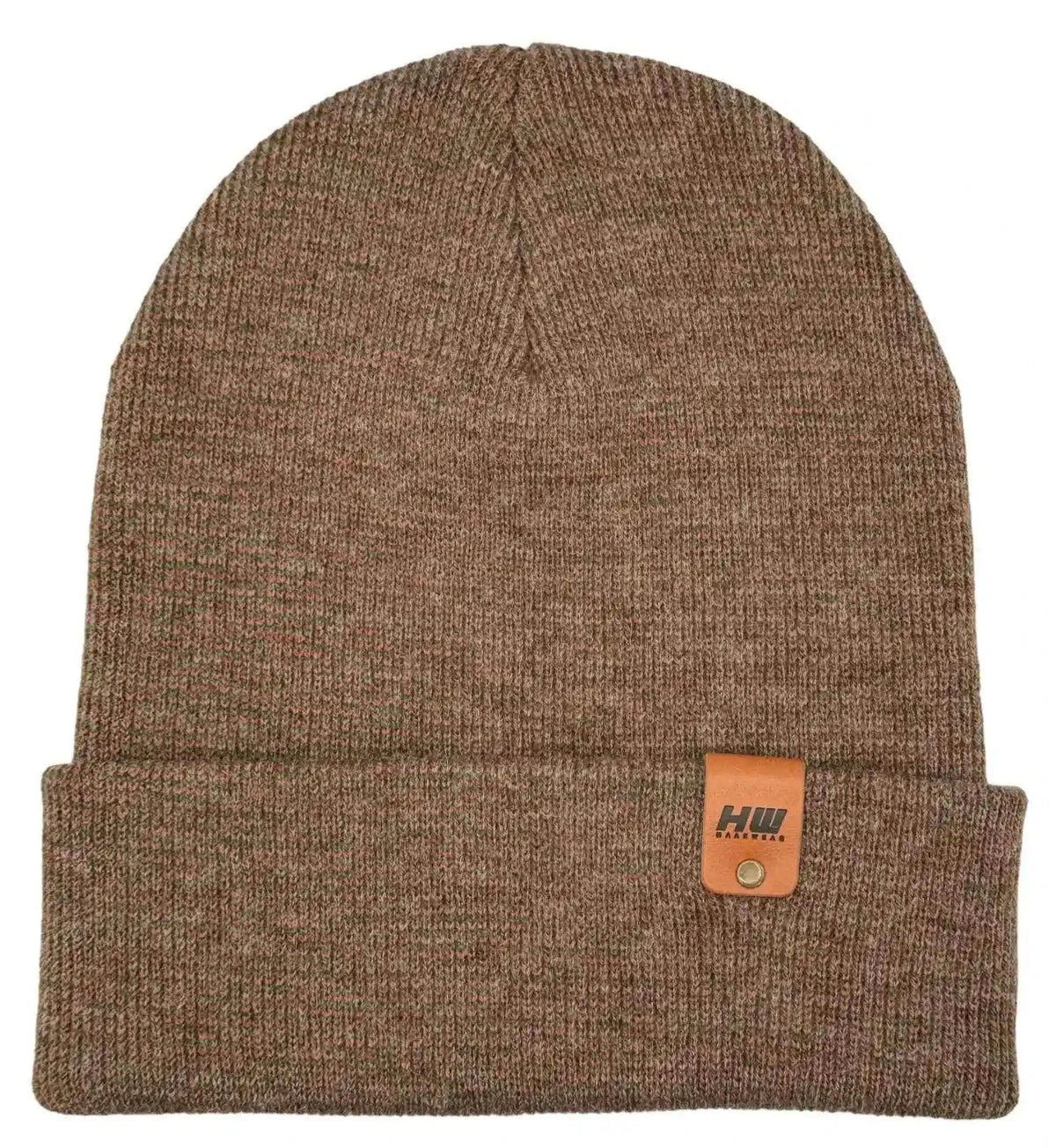 Brown cuffed knit beanie with rectangular logo patch