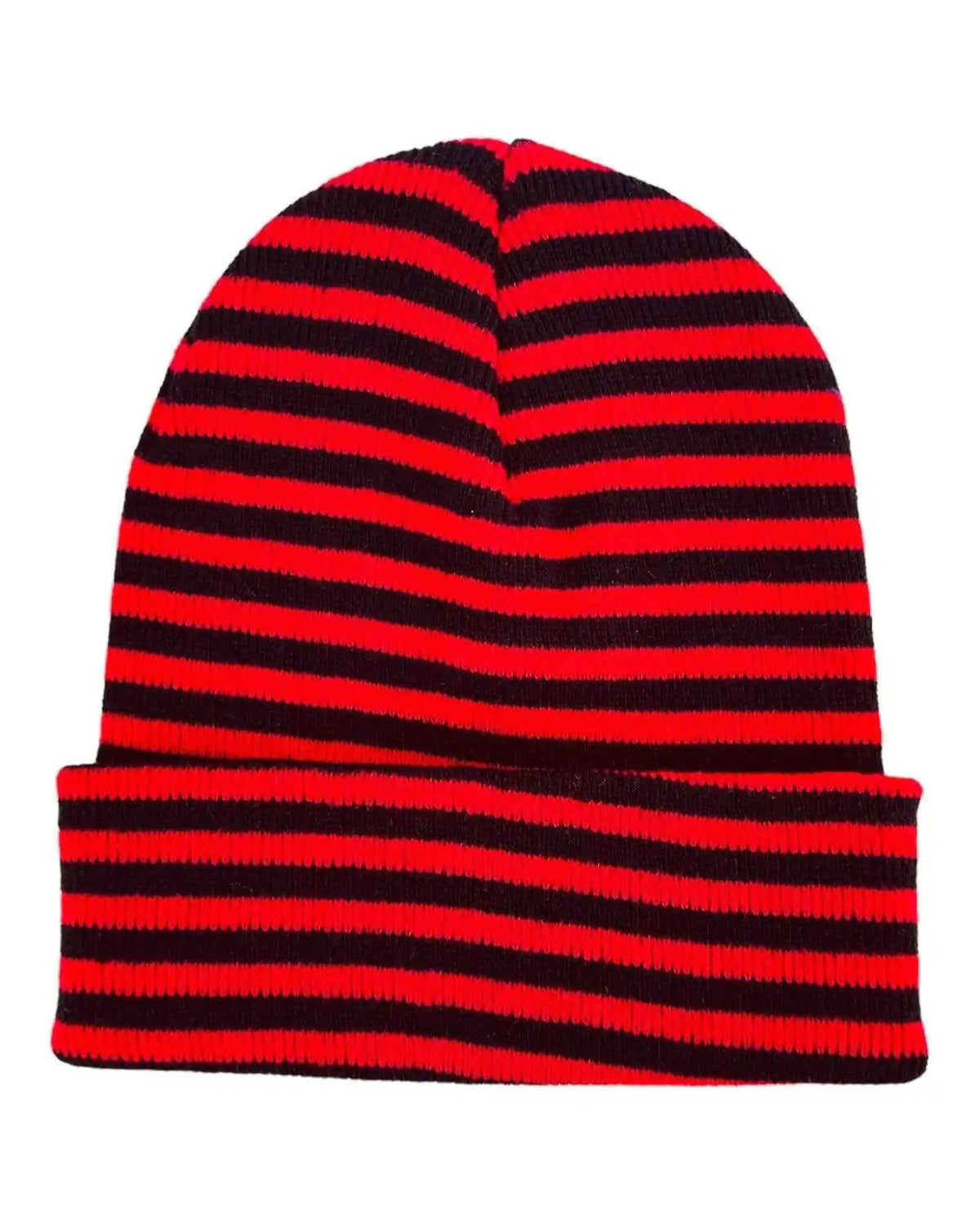 Black and red striped knit beanie with folded cuff and ribbed knit