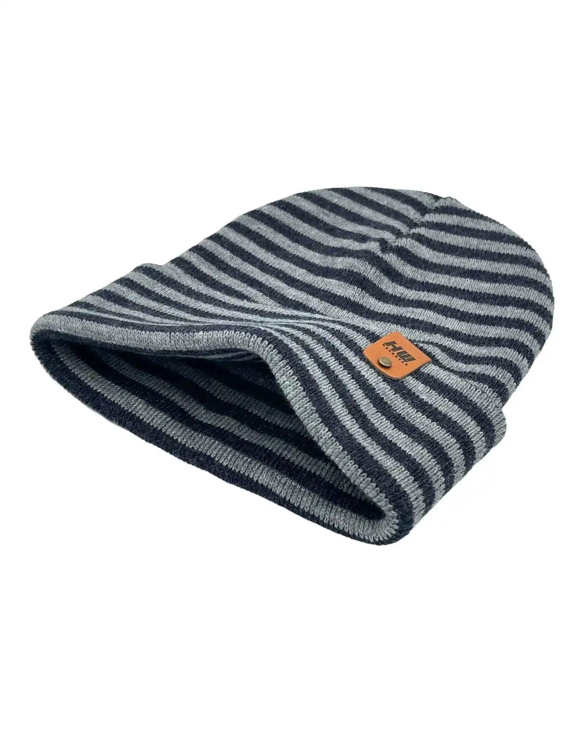 Striped knit beanie with folded cuff, gray and denim blue