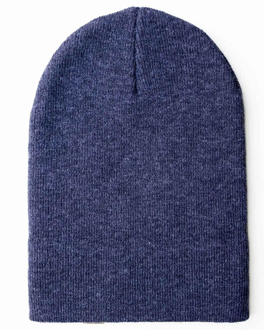 Denim blue cuffed knit beanie, smooth fabric with center seam