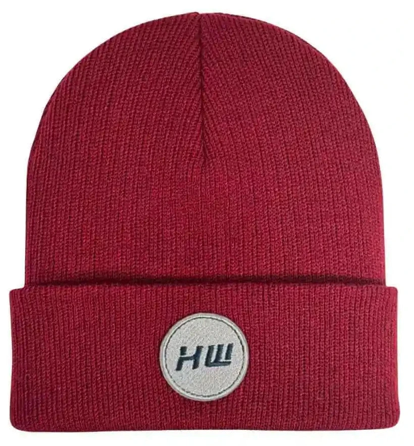 Burnt maroon ribbed beanie with folded cuff and circular logo patch