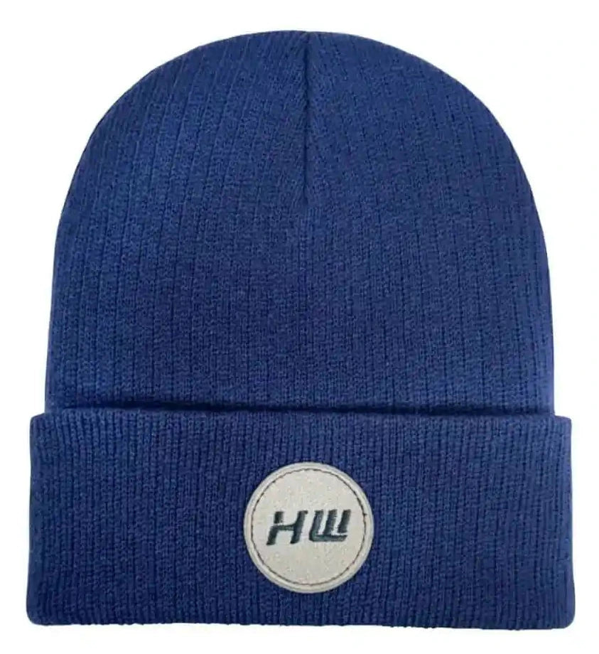Sapphire blue ribbed knit beanie with folded cuff and round logo patch