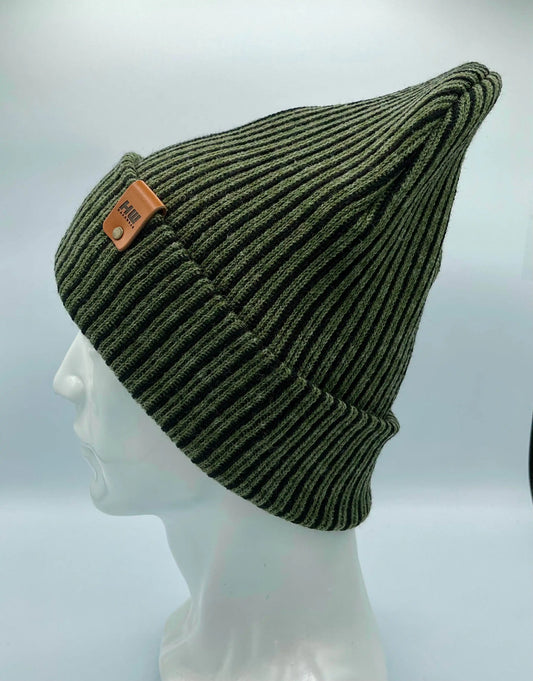 Green ribbed striped beanie with wide cuff and brown leather patch, contrast dark stripes