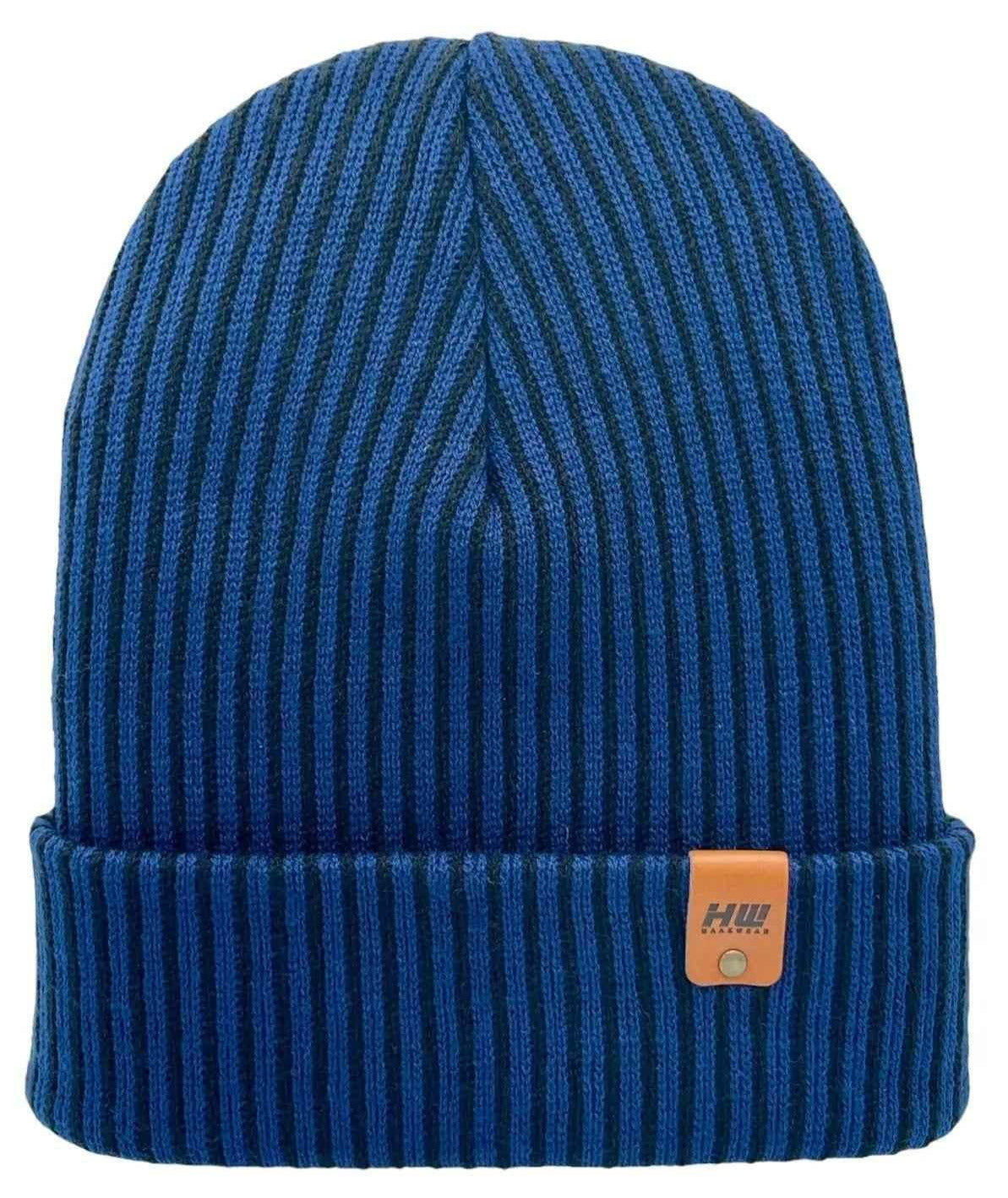 Blue ribbed striped beanie with folded cuff and small logo patch, contrast trim