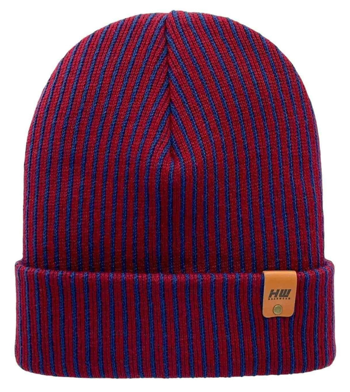 Striped ribbed beanie with wide cuff, blue and maroon knit
