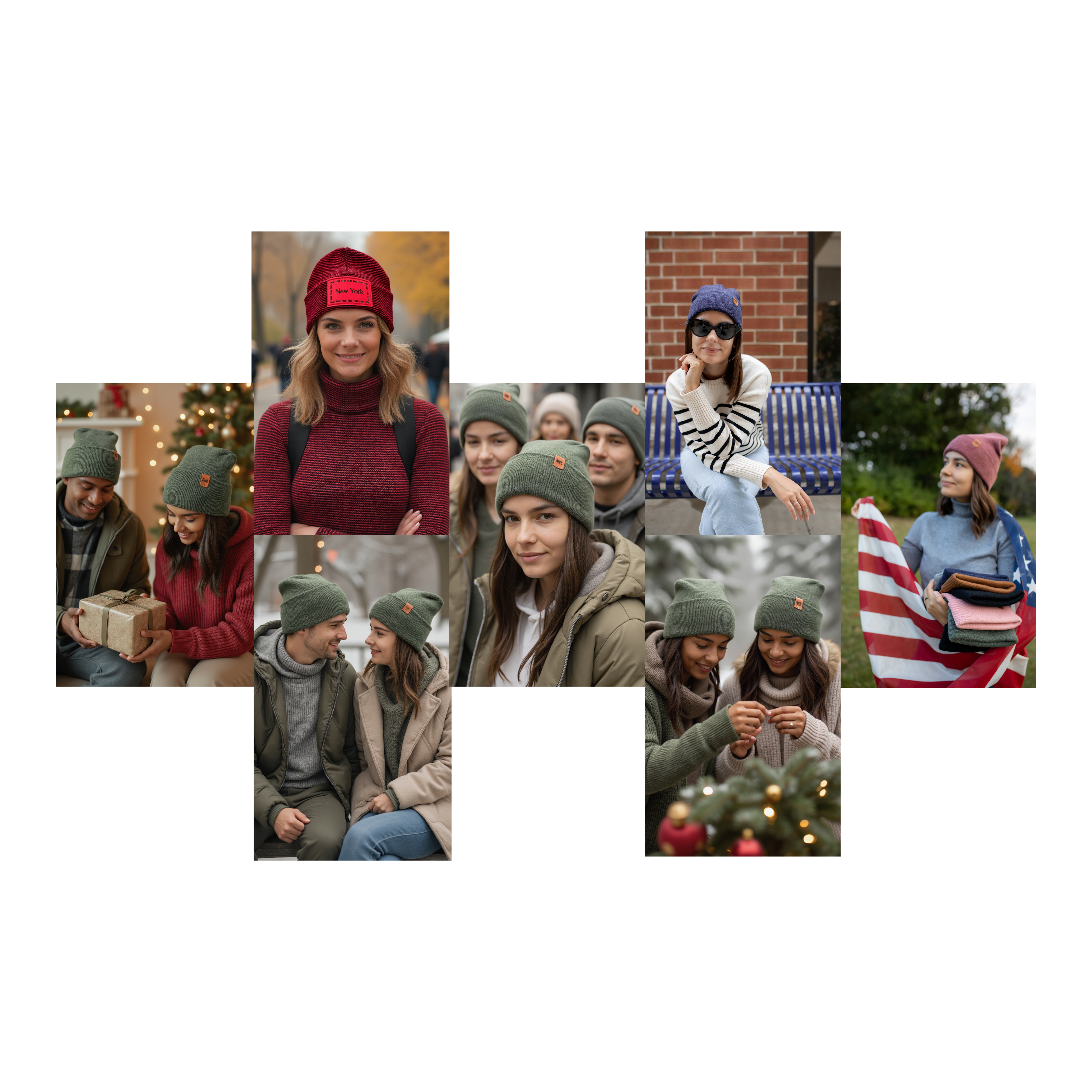 Collage of people wearing green beanies in various settings