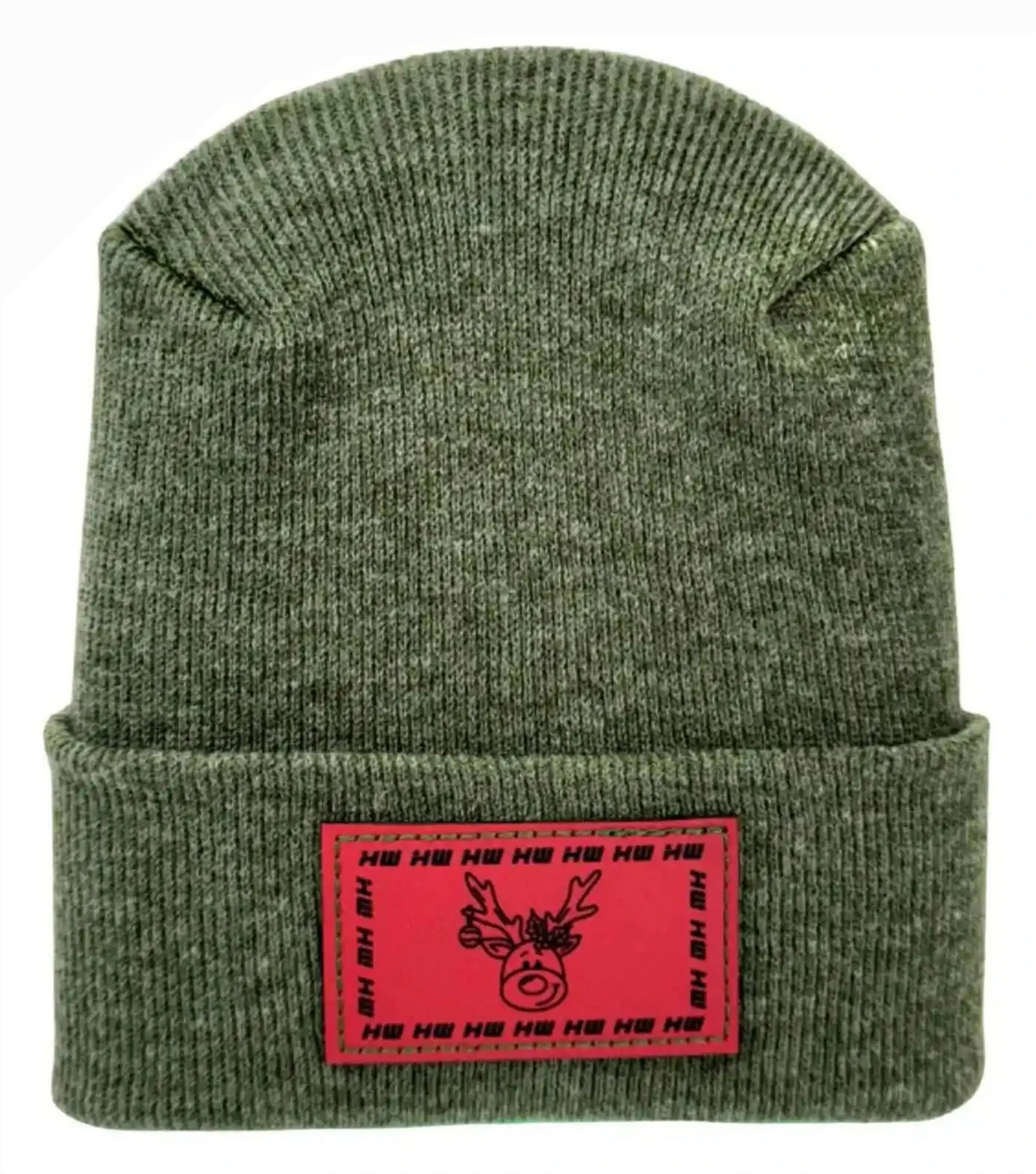 Dark green knit beanie with folded cuff and red reindeer logo patch