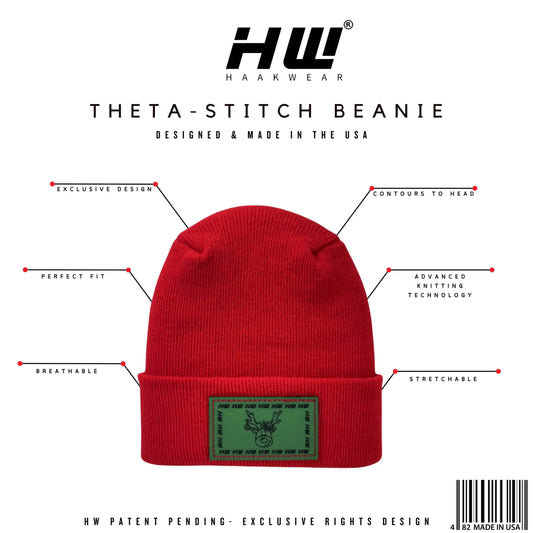 Red knit beanie with green reindeer label patch, ribbed cuff