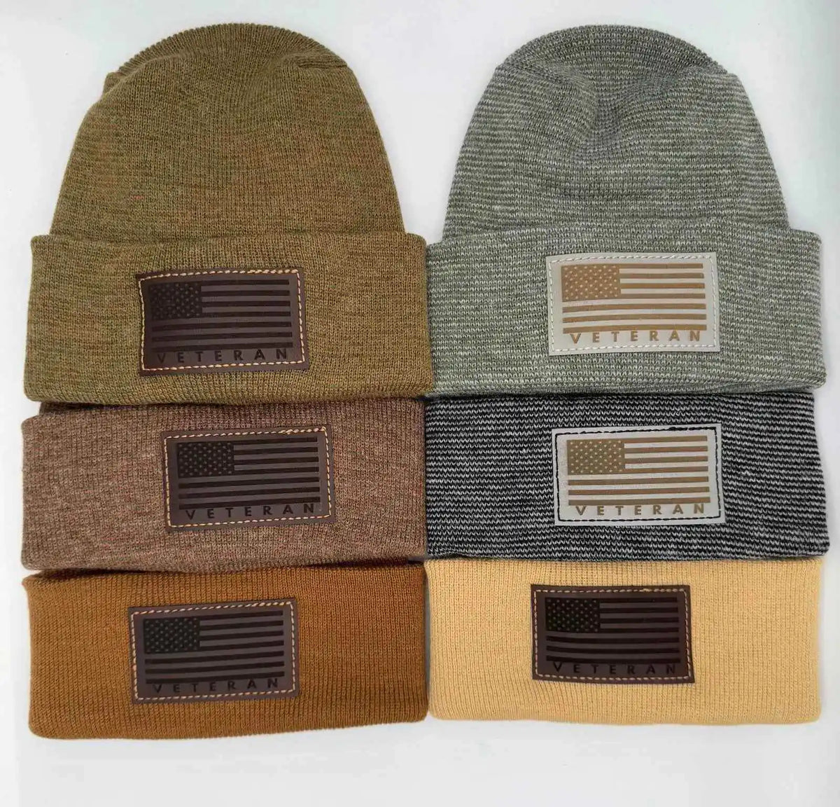 Cuffed knit beanie set with Veterans flag patches in olive, heather gray, brown, and tan