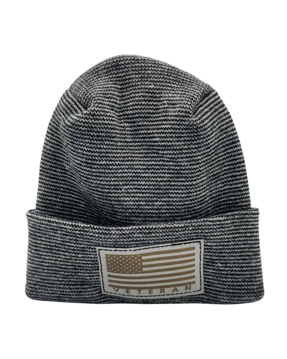 Black-and-white striped cuffed beanie with rectangular Veteran patch.