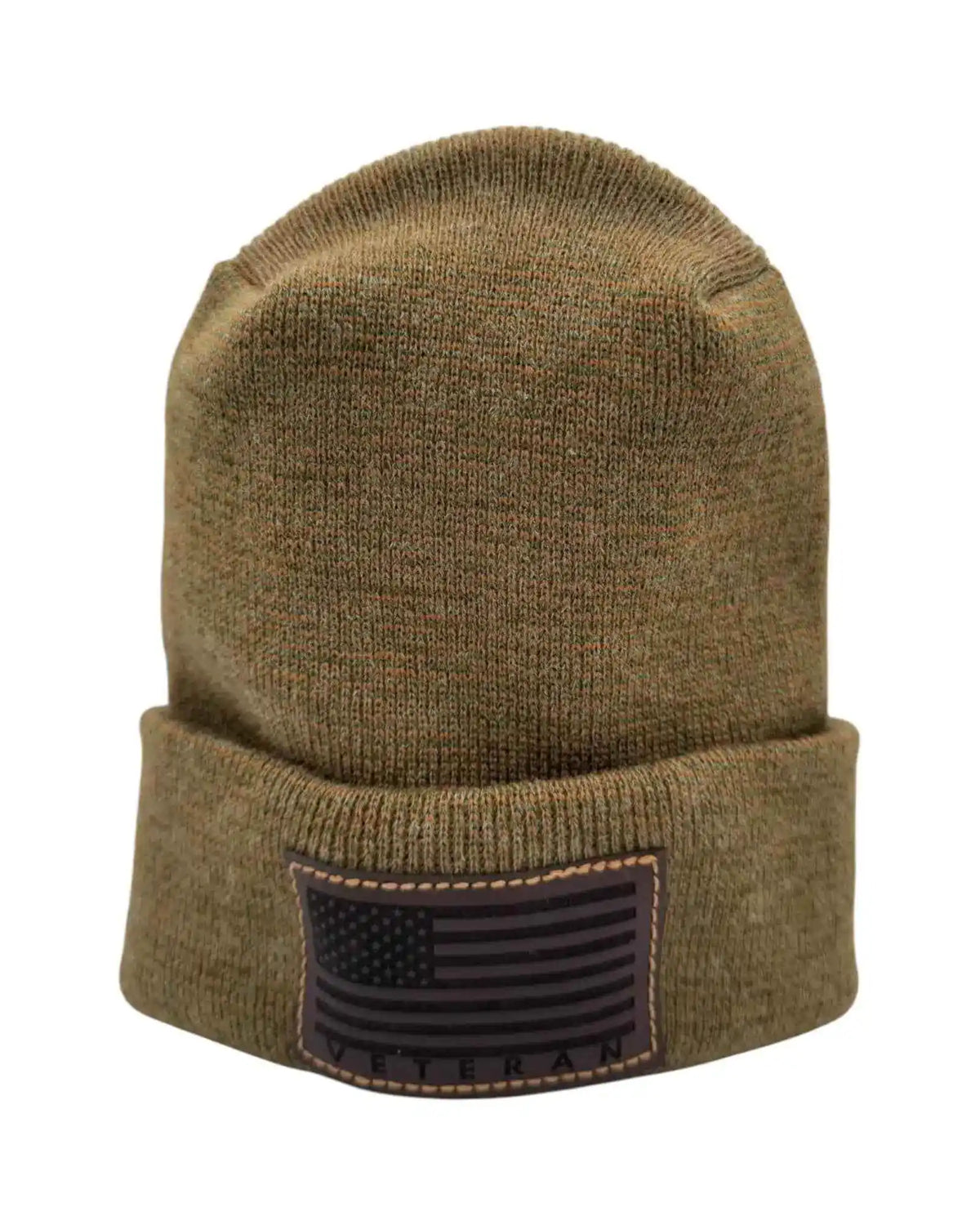 Cuffed knit beanie in olive with a dark Veterans flag patch on the cuff