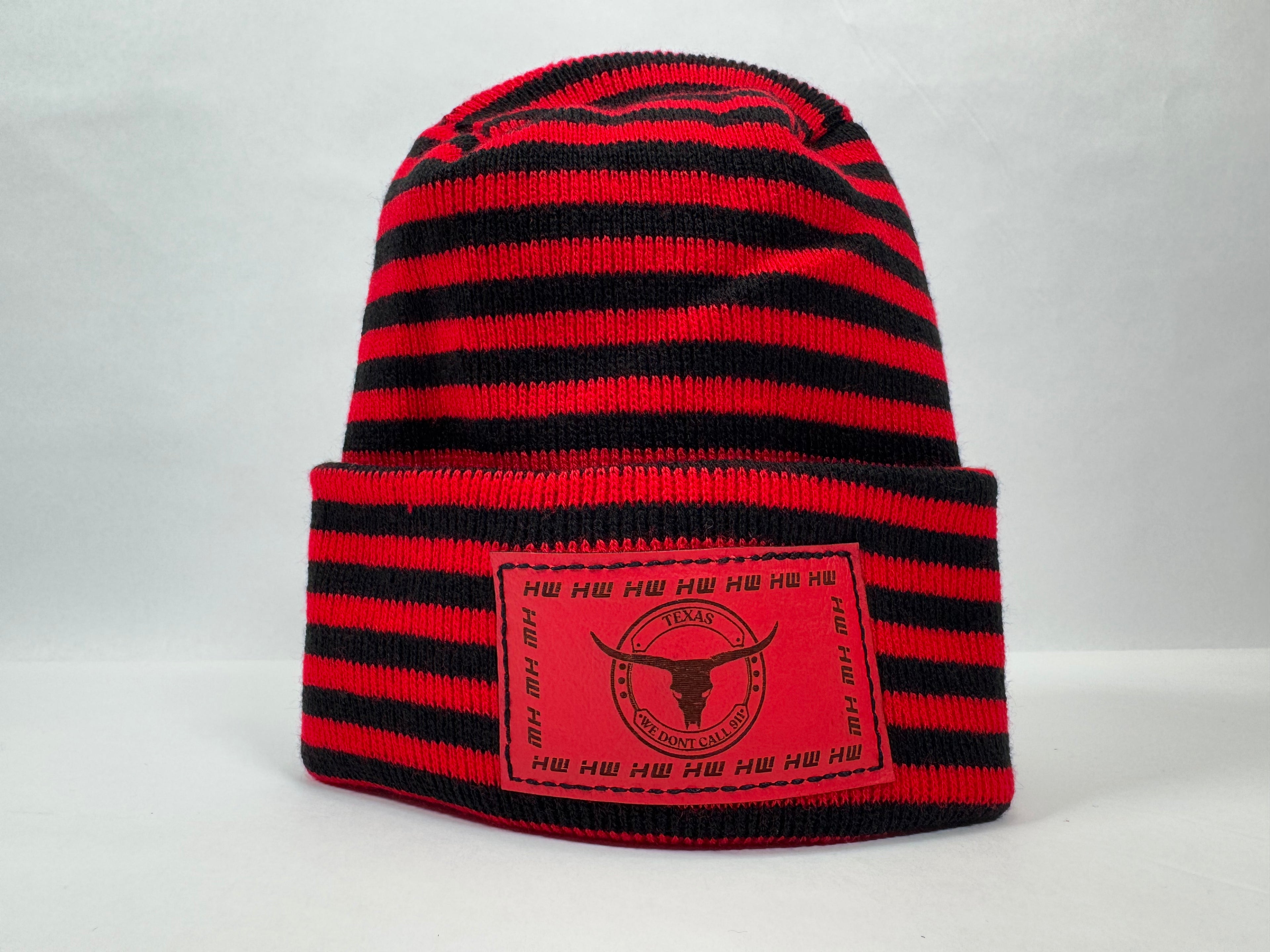 Haakwear Texas H Stitch Cuffed Beanie "We Don't Call 911"- Made in USA Hats (Limited Edition) - Black / Red RoRo.