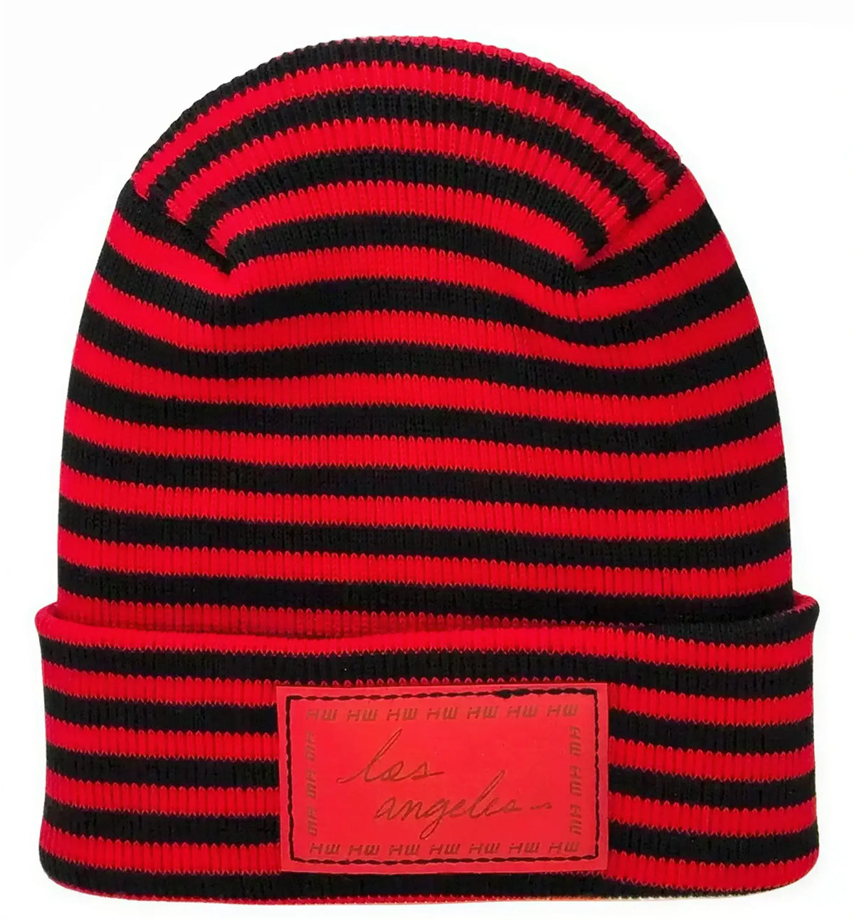 Black and red striped knit beanie with front Los Angeles patch