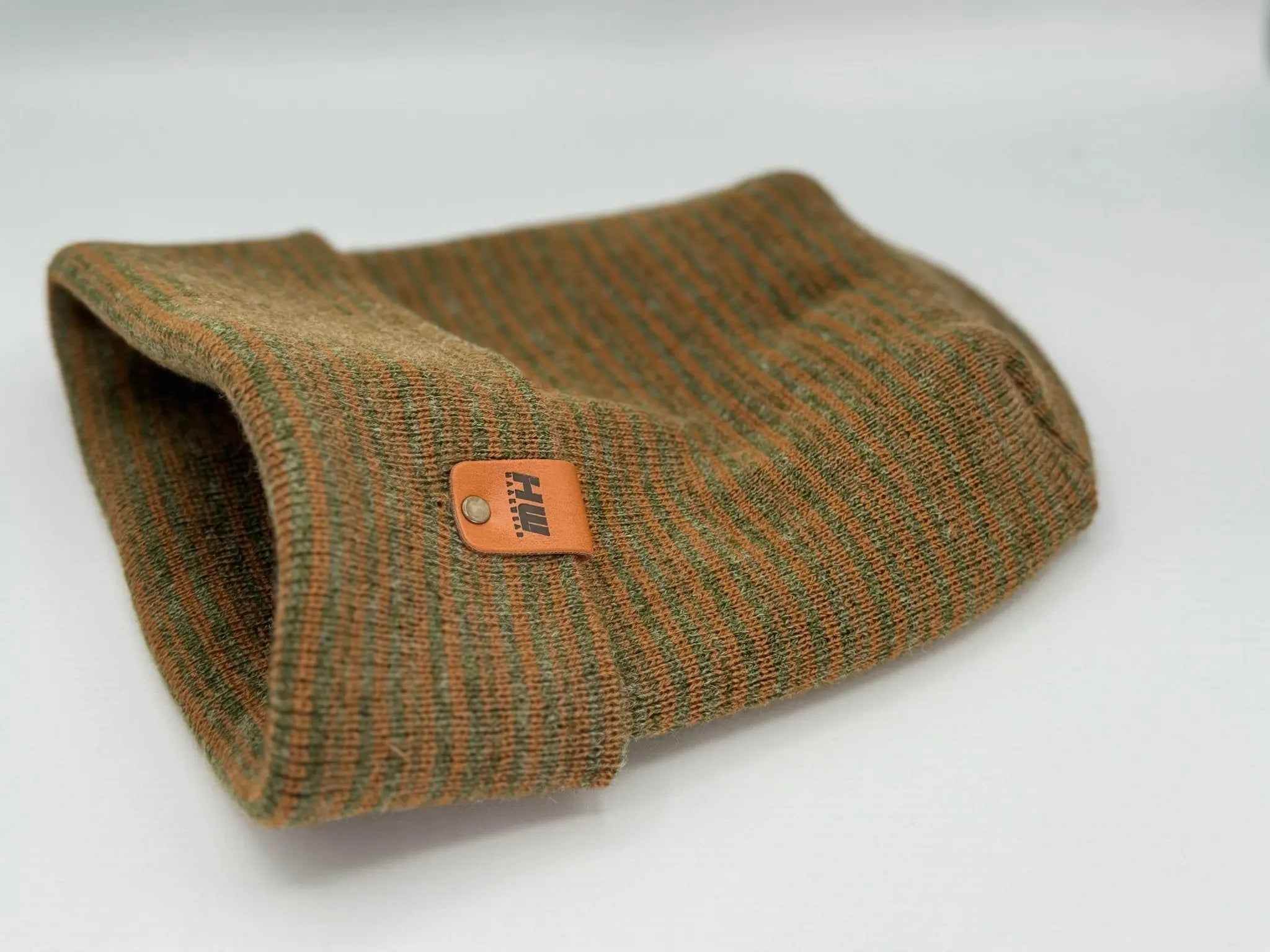 Trending Men’s Beanie – Modern H-Stitch Cuffed Beanie | Brown & Green Contrast | Made in USA - HAAKWEAR USA
