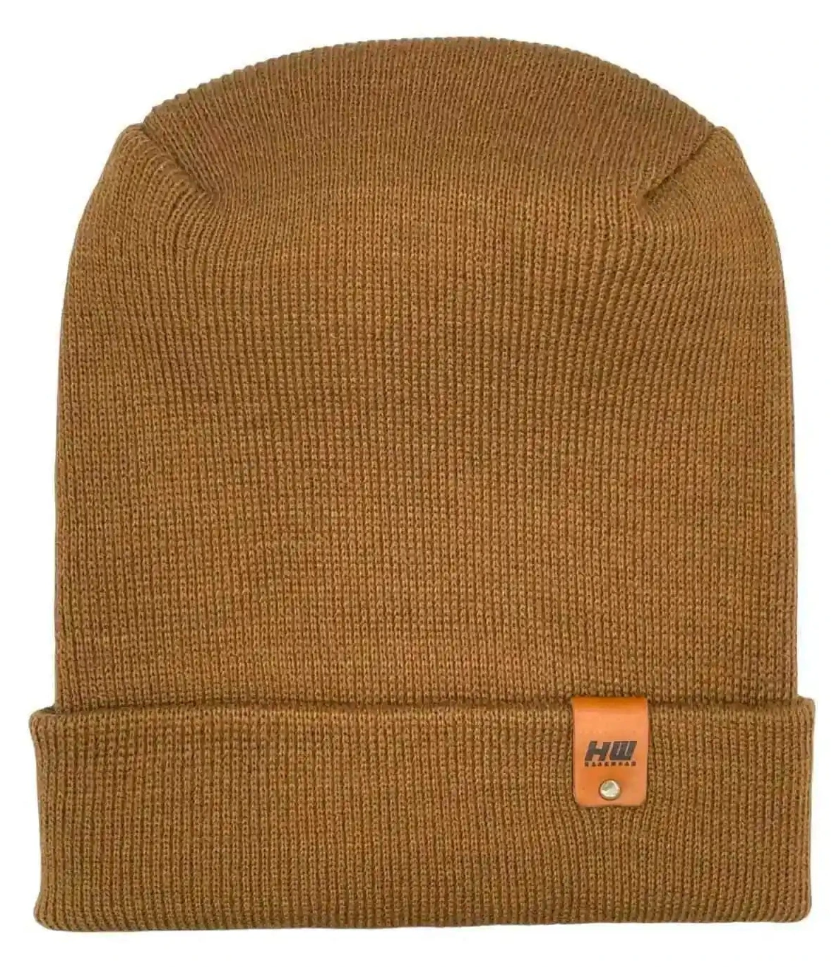 Camel brown cuffed beanie with H-stitch and logo patch