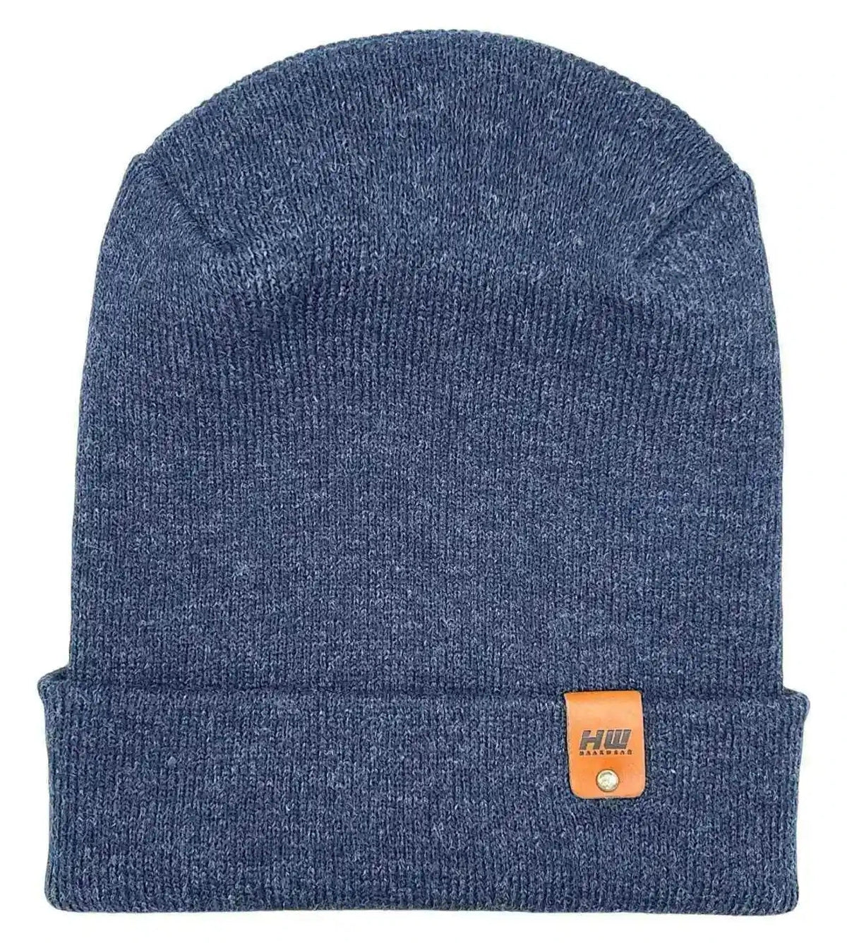 Denim blue knit beanie with folded cuff and small square logo patch