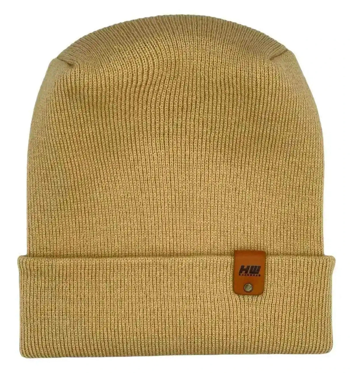 Cuffed knit beanie in dune beige with fold-over cuff and leather logo patch