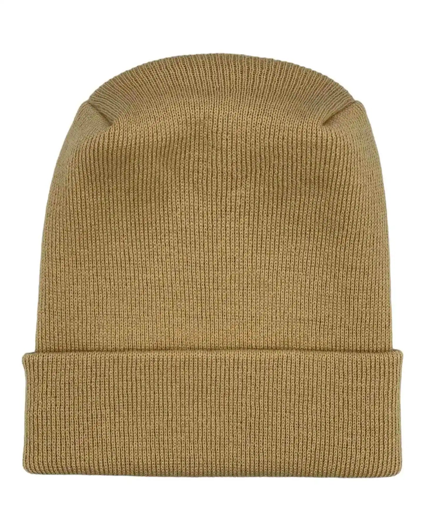 Dune beige cuffed knit beanie with folded brim and clean knit finish