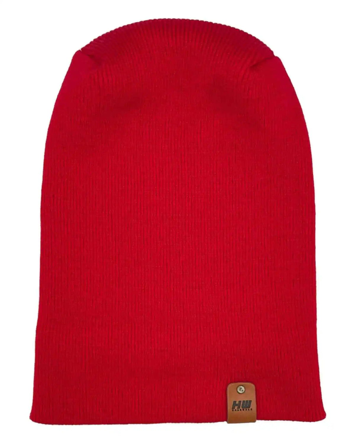 Scarlet red knit beanie with small rectangular logo patch at lower edge