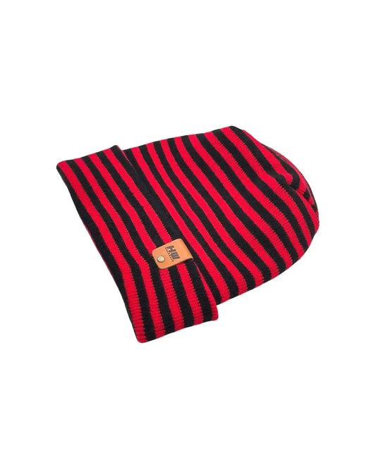 Striped knit beanie with folded cuff, black and red, side patch logo