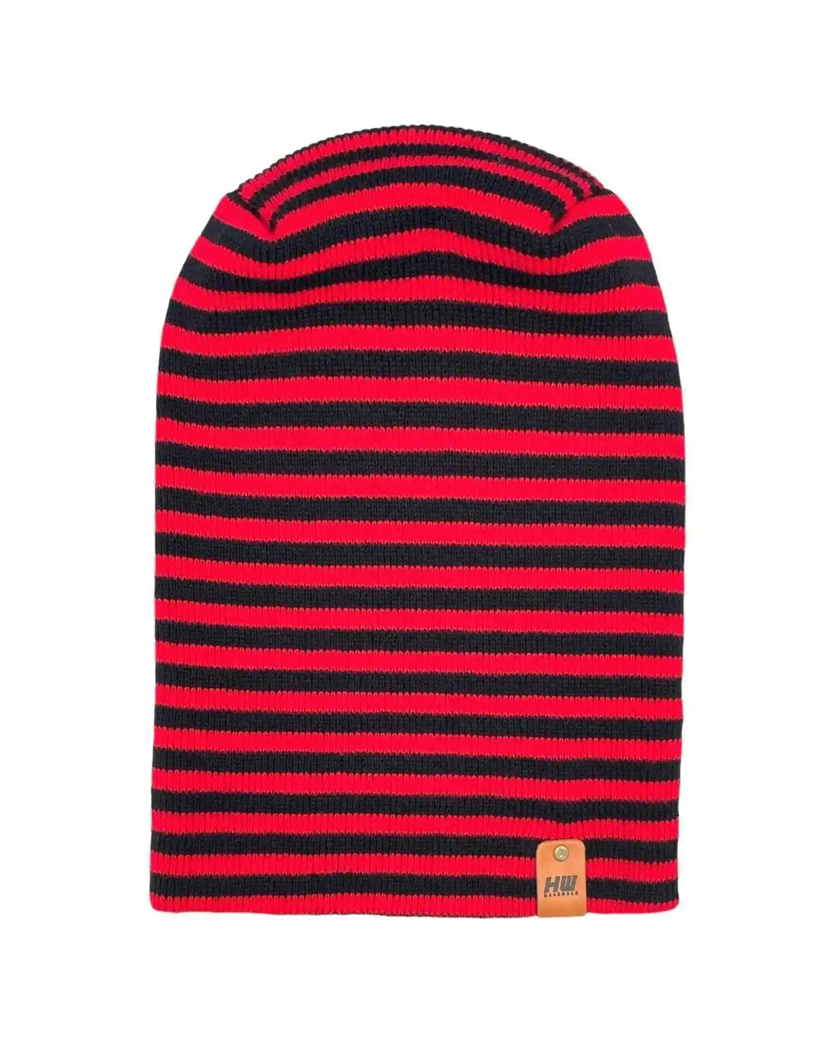Striped knit beanie with ribbed trim, black and red, small front tag logo