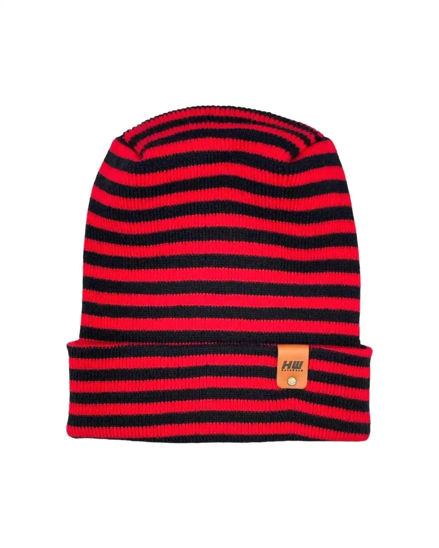 Striped knit beanie with ribbed cuff and small tag logo, black and red