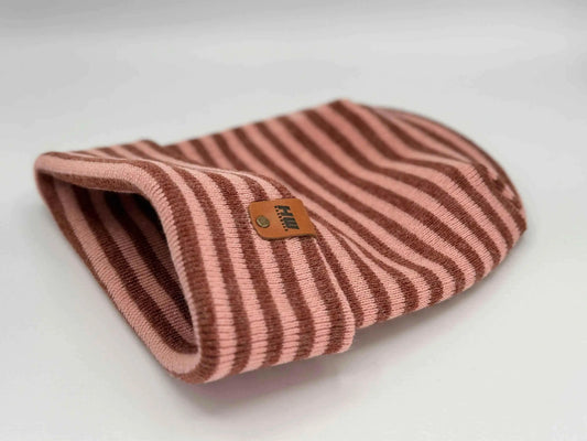 Folded cuff knit beanie with burgundy and pink stripes, turned-up brim, tag patch