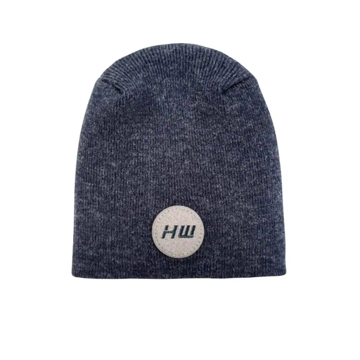 Denim blue knit beanie with un-cuffed ribbed edge and round HUI logo patch.
