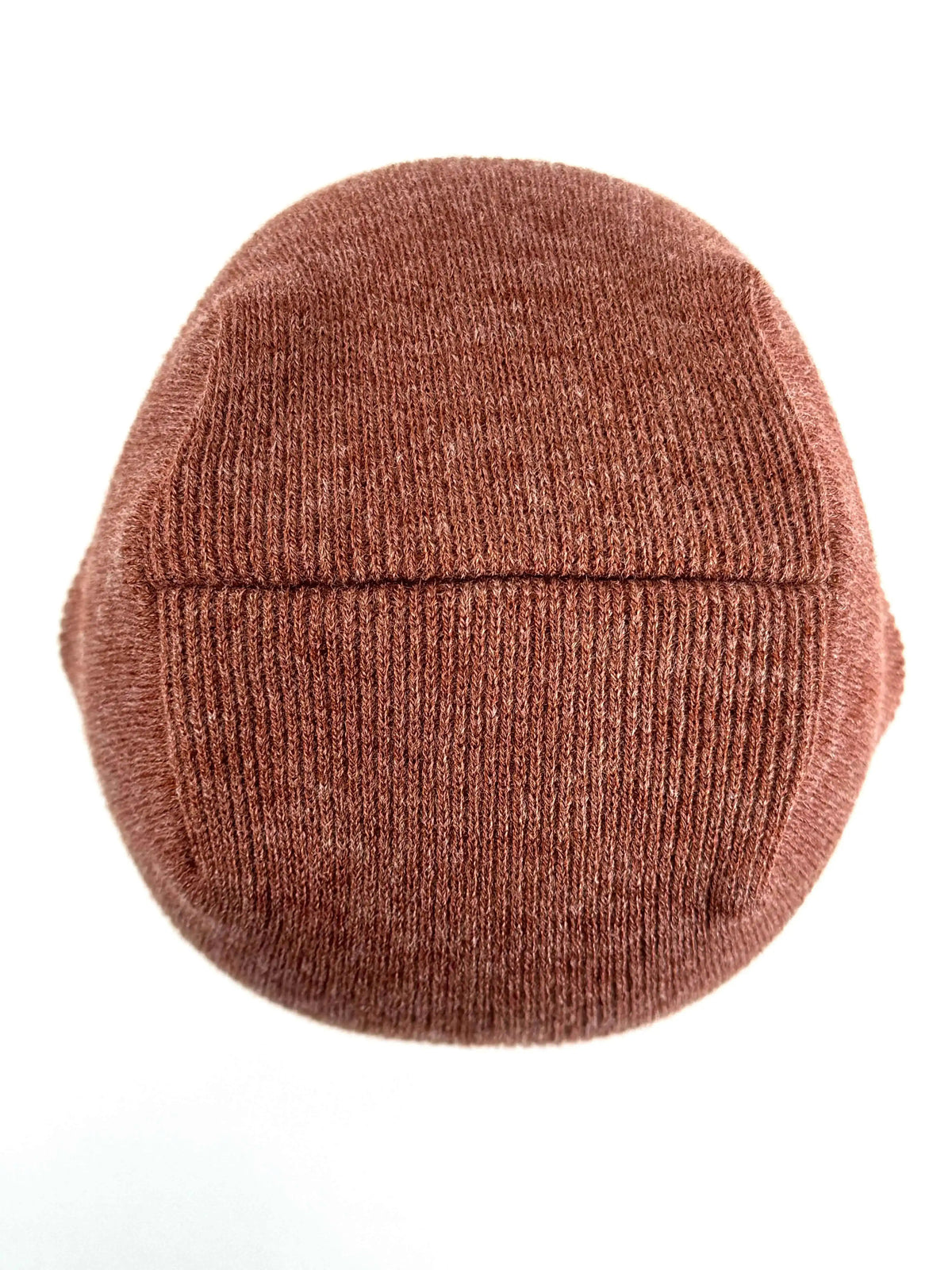 Burgundy knit beanie with ribbed texture, uncuffed look, simple stitched seam band