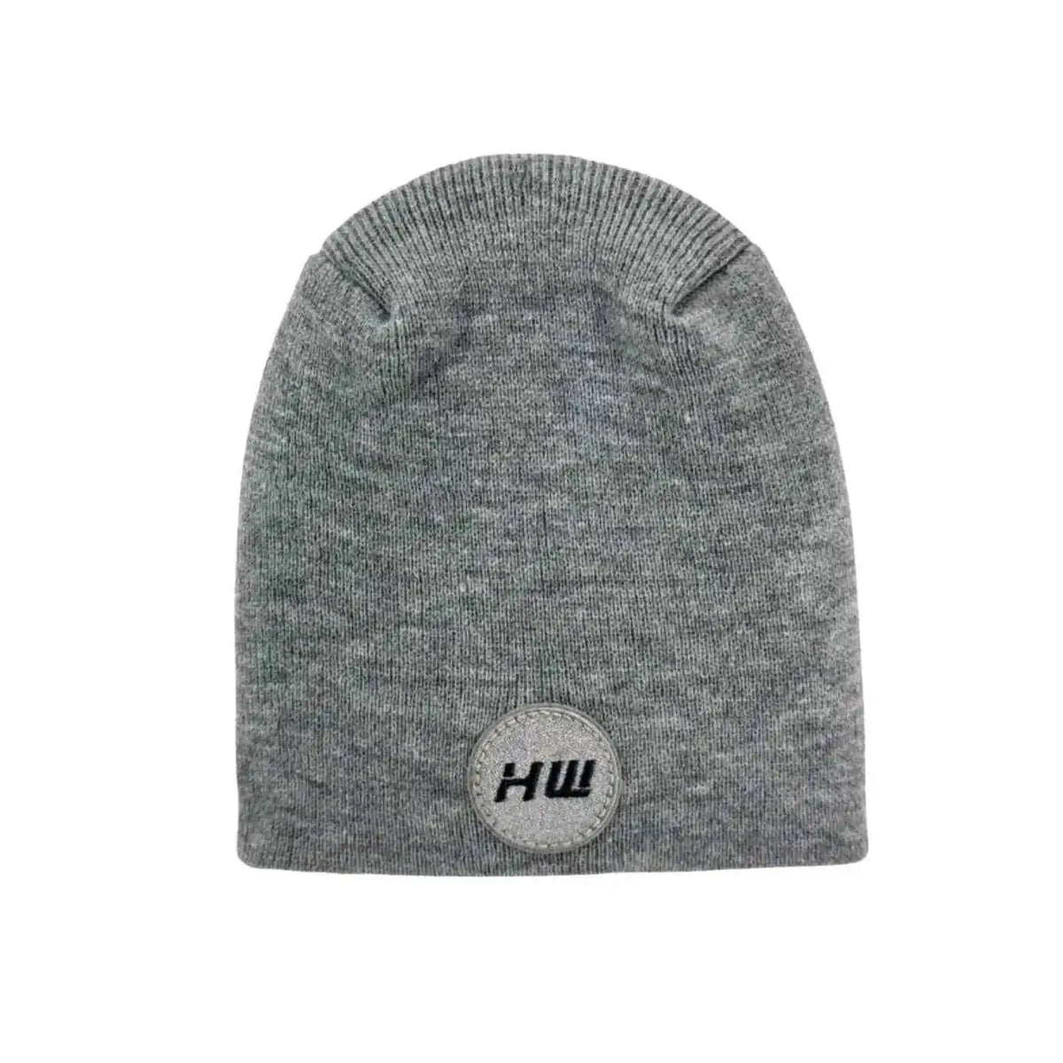 Gray knit beanie with un-cuffed ribbed edge and round HUI logo patch.