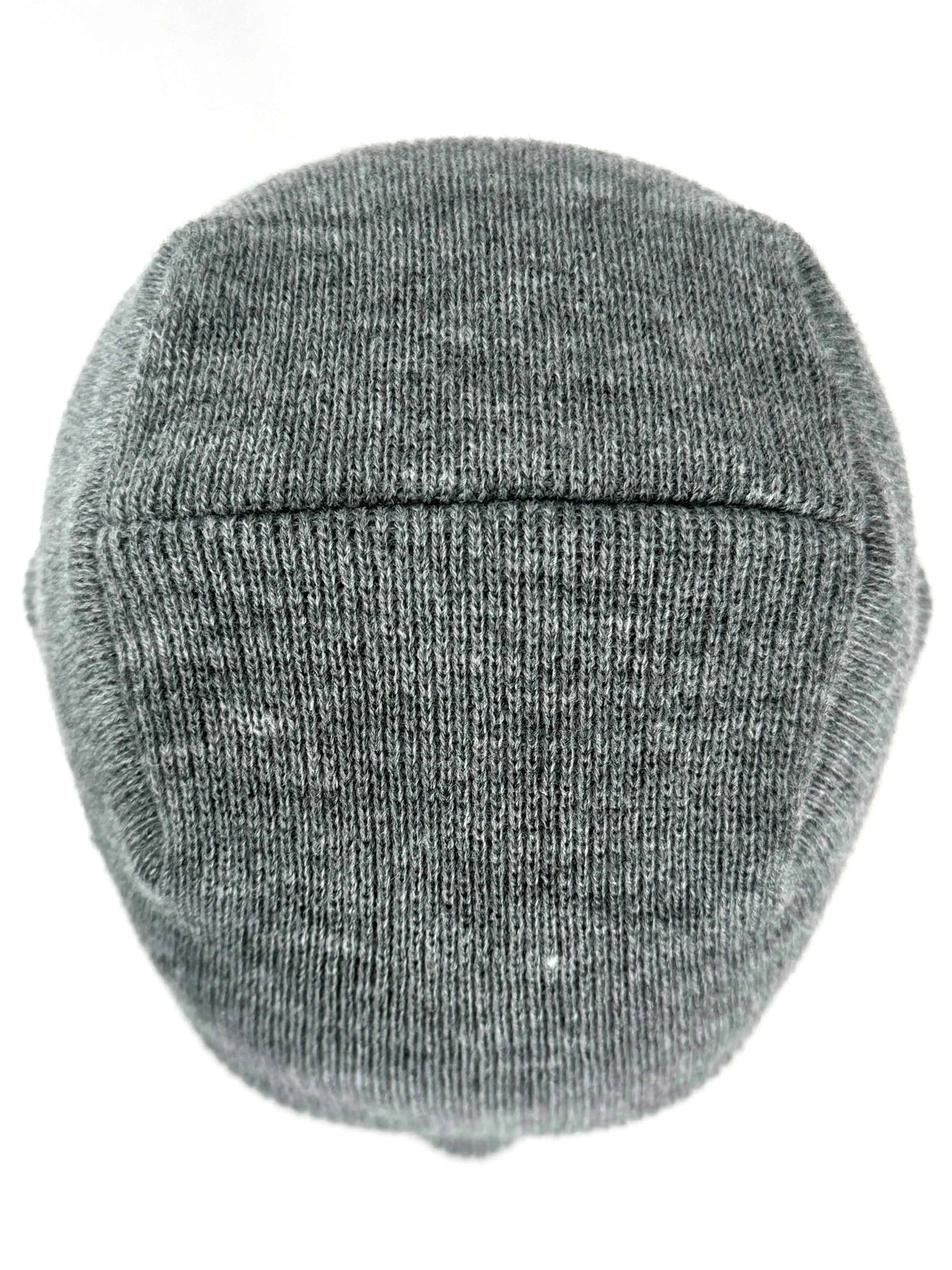 Light gray knit beanie with ribbed texture and uncuffed seam band