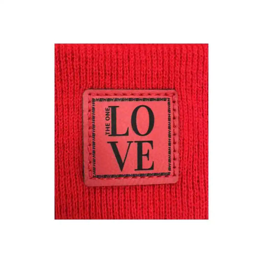 Red knit beanie cuff with rectangular LOVE logo patch
