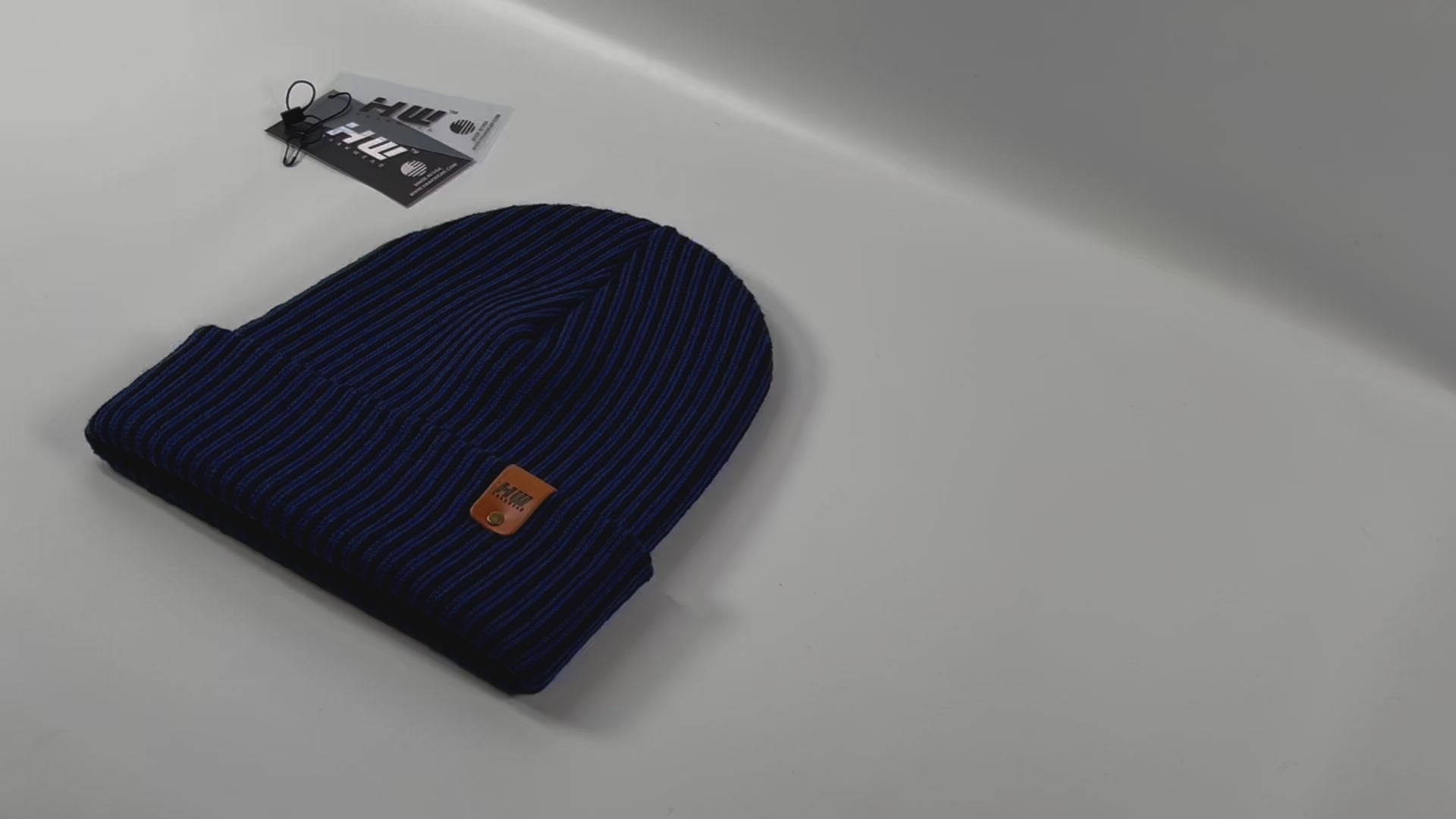 HAAKWEAR Cuffed Wide Ribbed Striped Beanie / Hat, Black / Blue, Limited Edition - Made in USA.