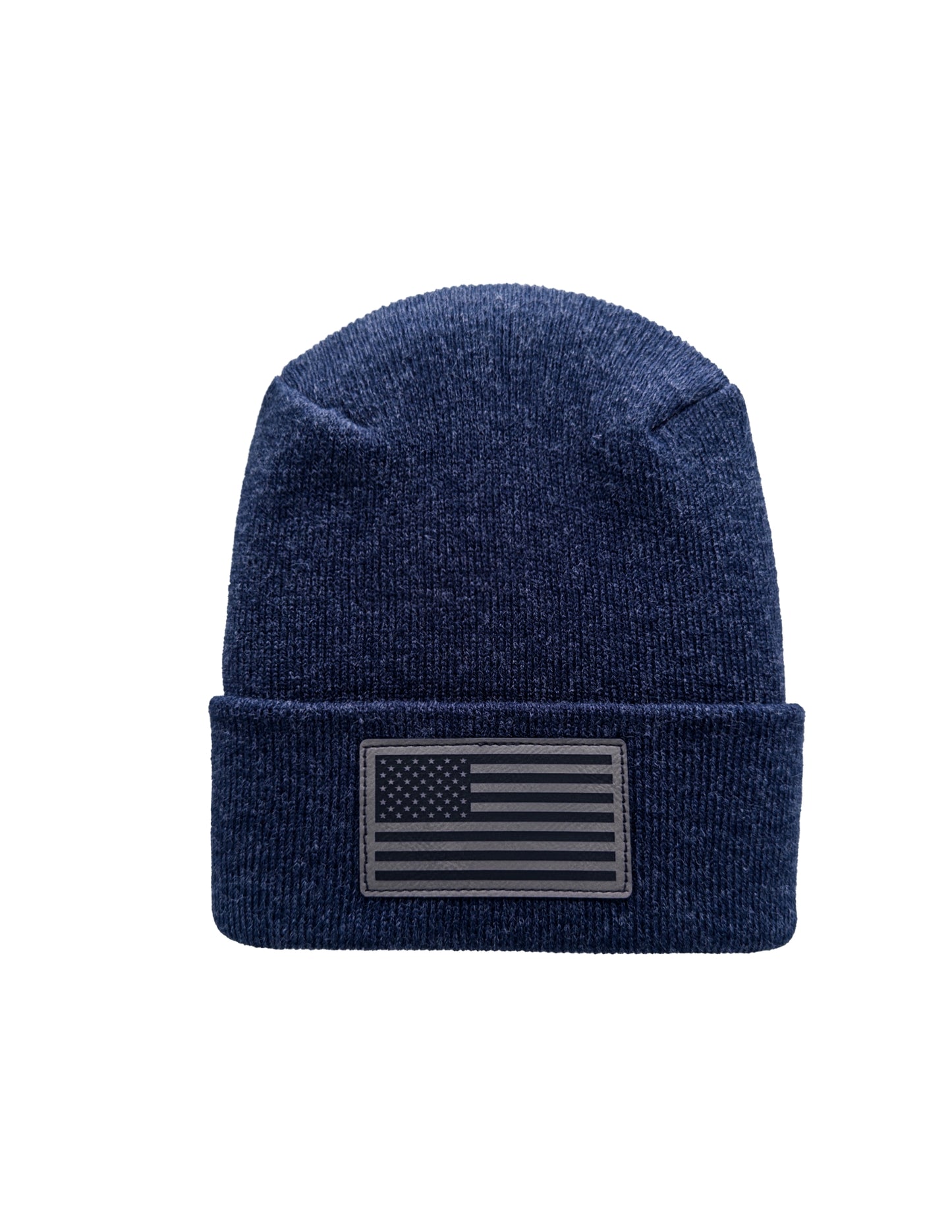 Denim blue knit beanie with American flag patch on cuff