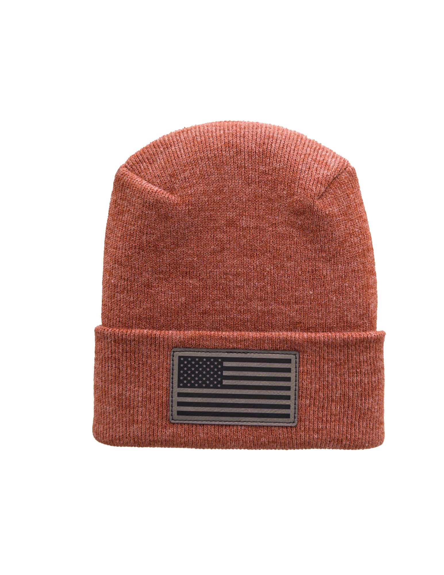 Brown beanie with American flag patch on a white background