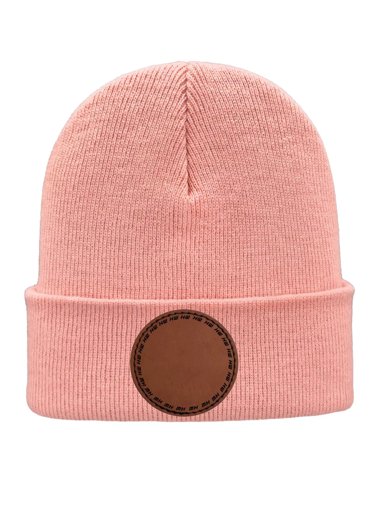 Pink beanie with a brown leather patch on a white background Beanie Custom Traditional Beanie - Made in USA Haakwear