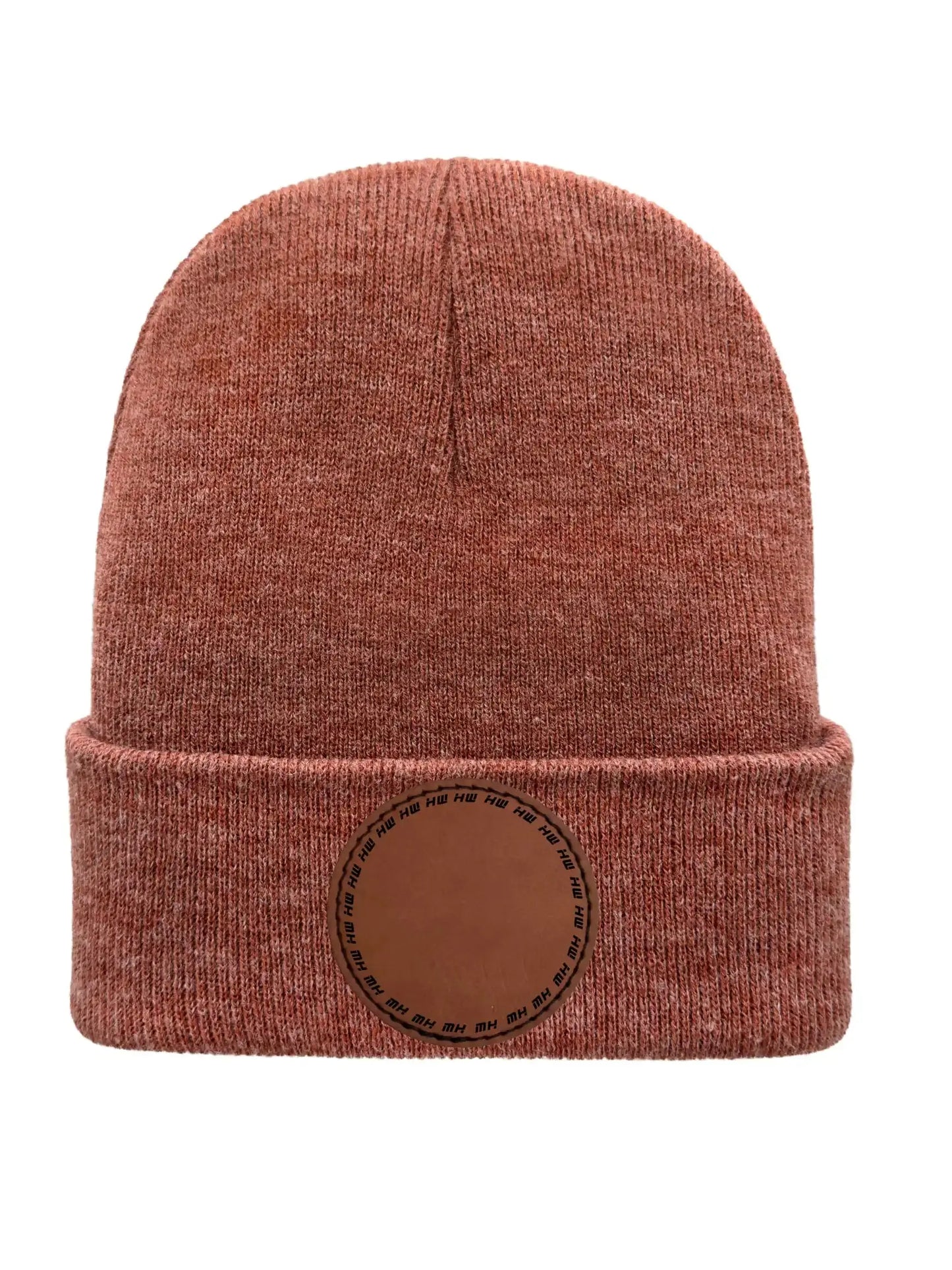 Brown knit beanie with a leather patch on a white background Beanie Custom Traditional Beanie - Made in USA Haakwear