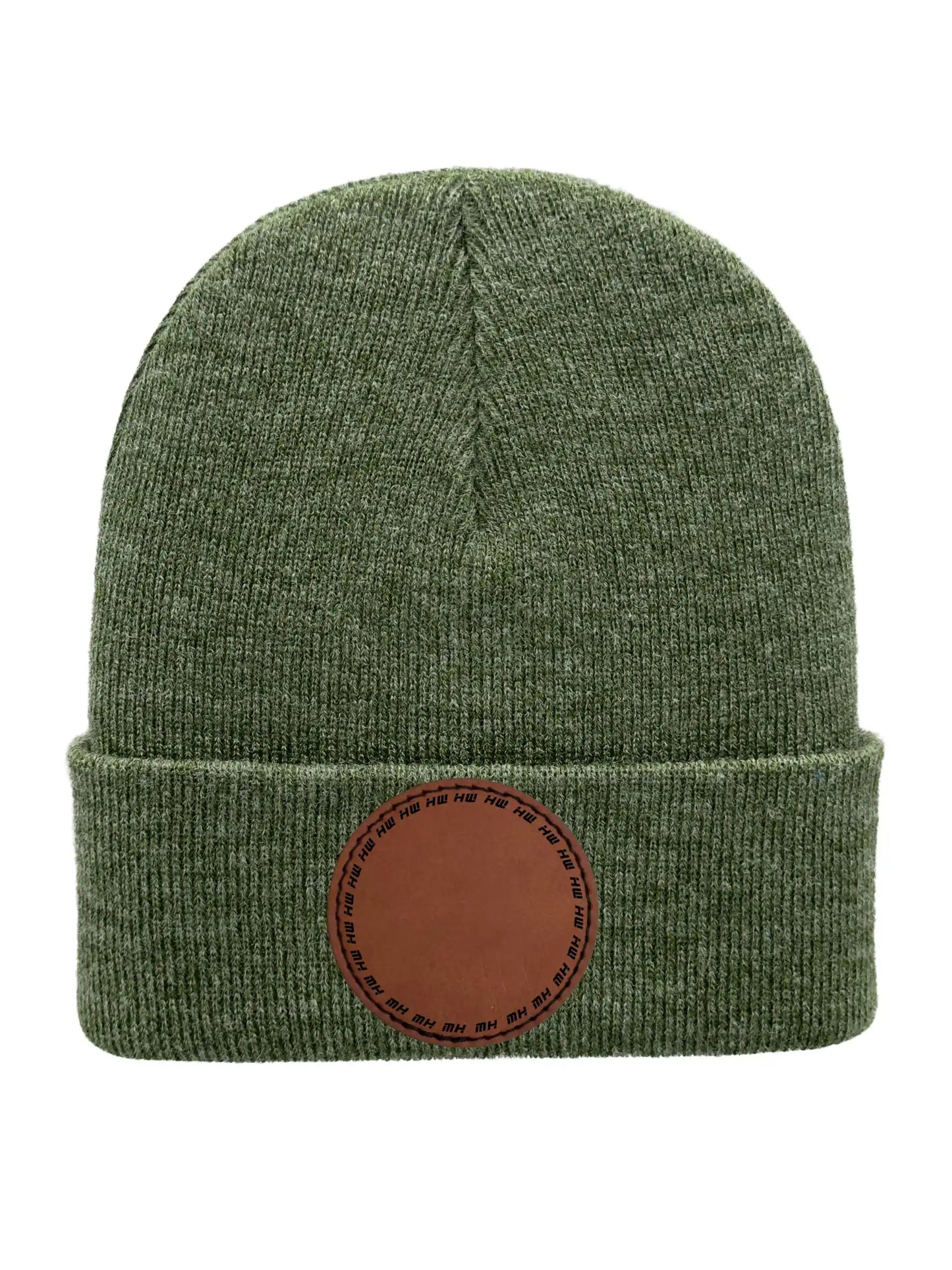 Green beanie with a brown leather patch on a white background Beanie Custom Traditional Beanie - Made in USA Haakwear