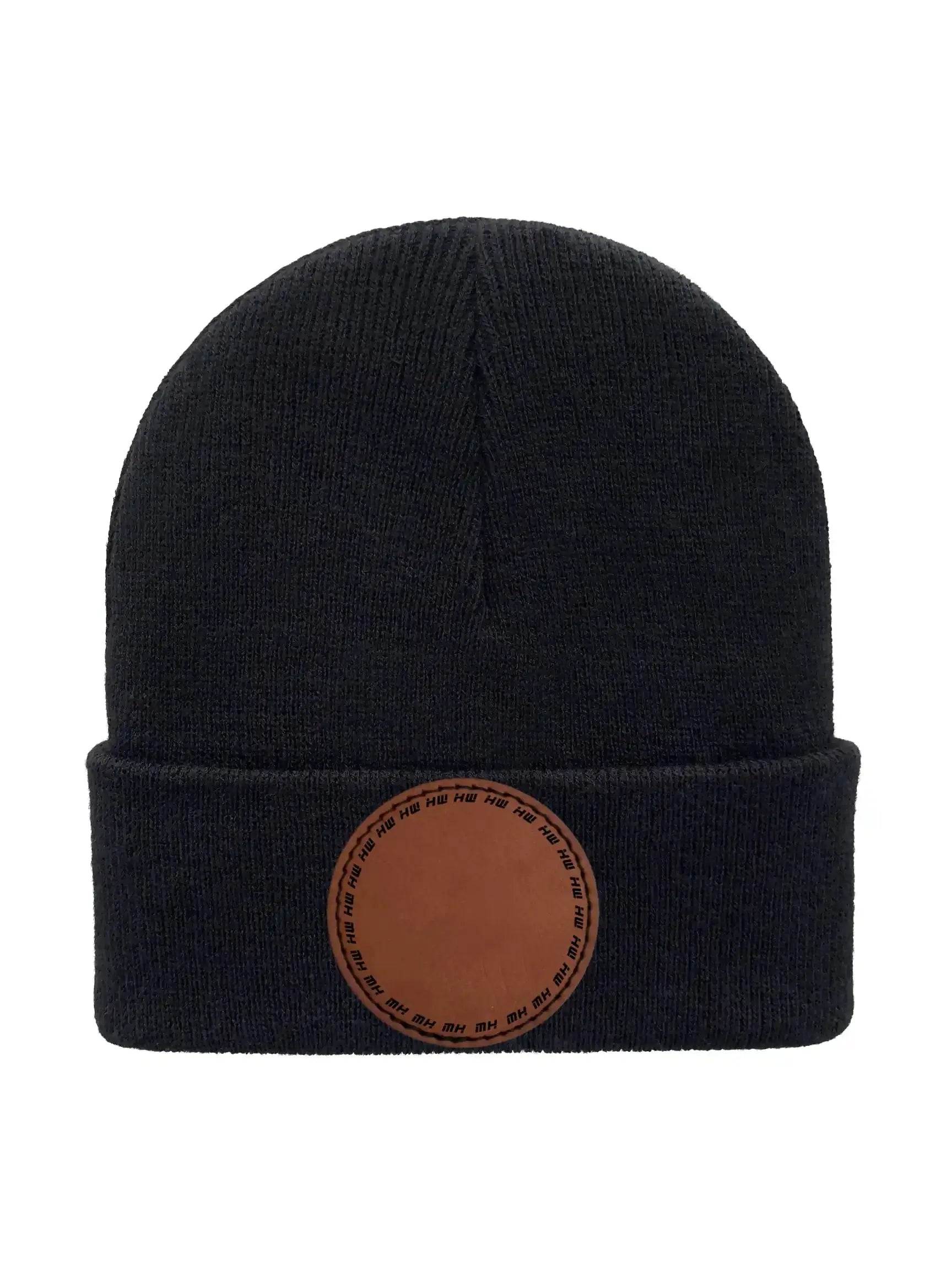Black beanie with a brown leather patch on a white background Beanie Custom Traditional Beanie - Made in USA Haakwear