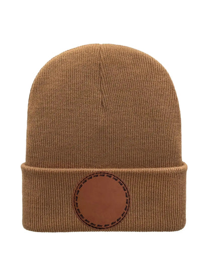 Brown knit beanie with folded cuff and round logo patch at the front.