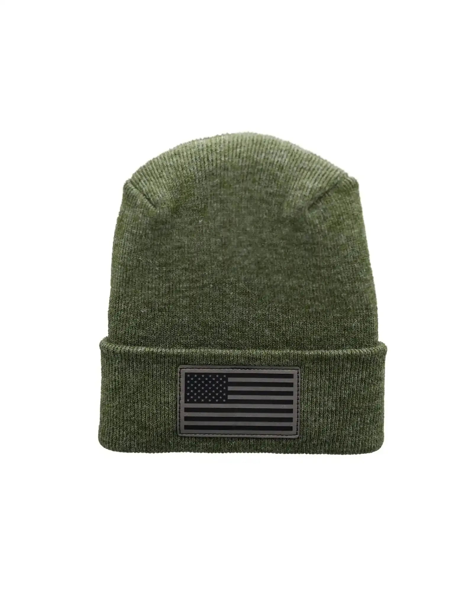 Green H-stitch beanie with rectangular American flag patch